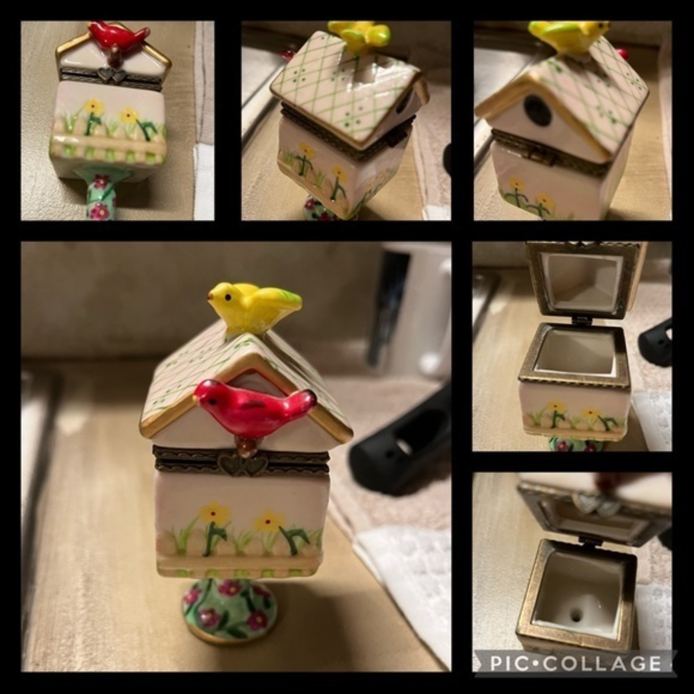 Porcelain Ceramic Hinged Birdhouse Stamp Holder Trinket Cardinal Floral Footed
